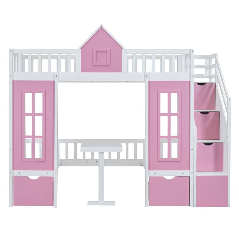 Convertible Twin-Over-Twin Bunk Bed with Desk, Pink