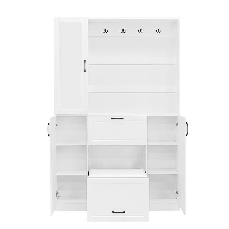 51 Inch Entryway Cabinet with Integrated Shoe Cabinet, 3-in-1 Design Mirrored Cabinet with 4 Hooks