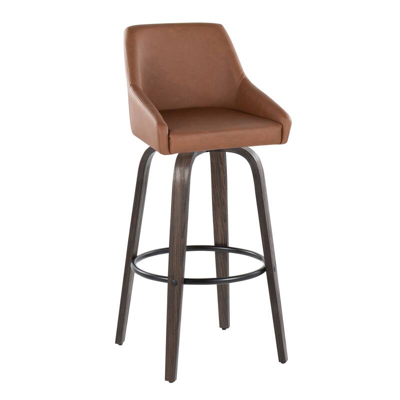 The Gray Barn Hadley 30" Fixed-Height Bar Stool with Bent Wood Legs & Round Footrest (Set of 2) - Camel Faux Leather/Glazed Walnut/Black Metal