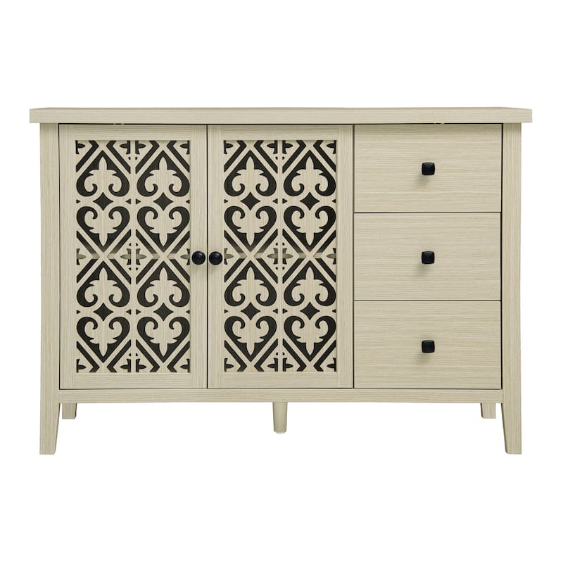 Roomfitters Hollow Carved Sideboard Buffet Cabinet with 2 Doors and 3 Drawers, Natural