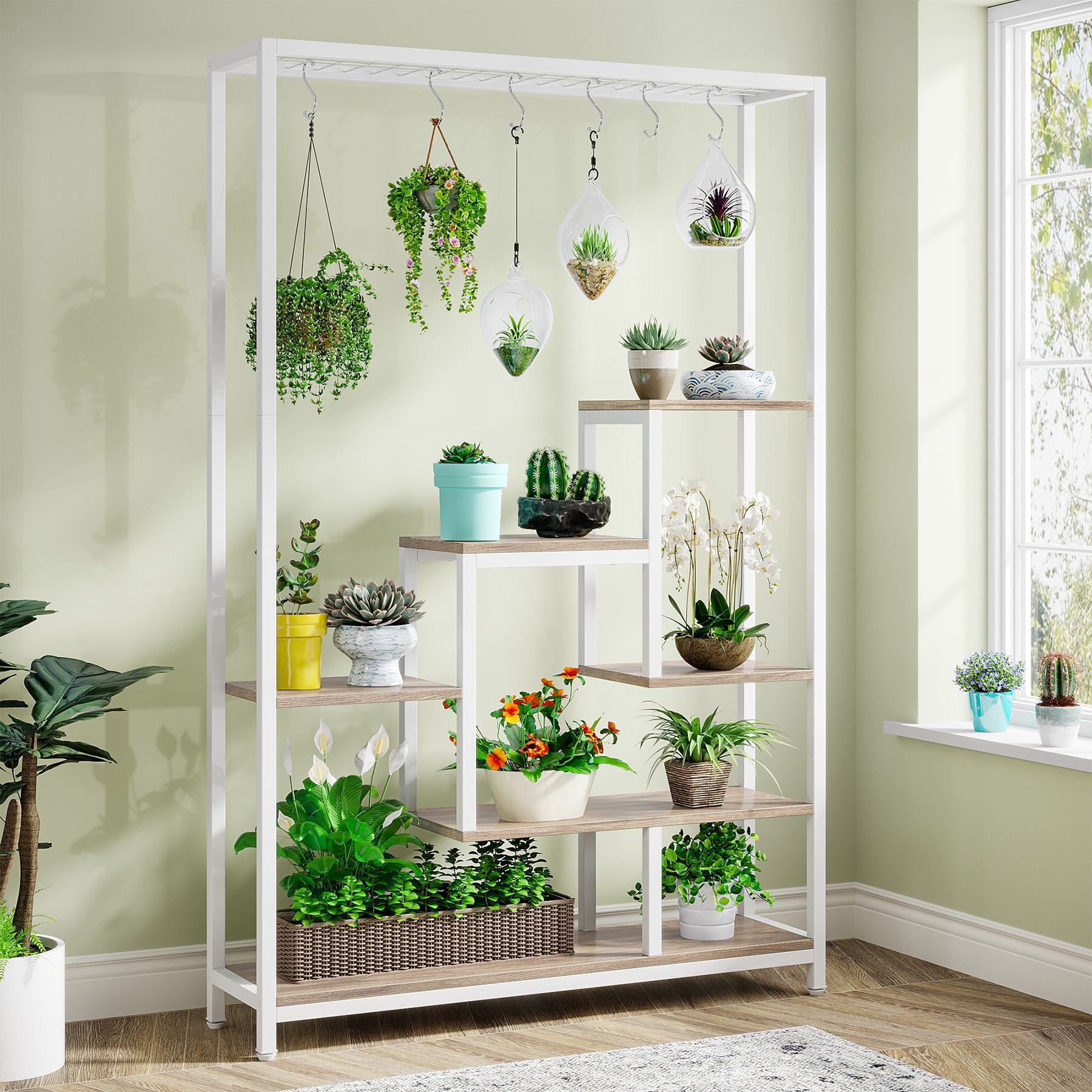 https://ak1.ostkcdn.com/images/products/is/images/direct/d5eaa7e4e6992d6c5e0605511ccd84b486e633e8/5-Tier-Tall-Indoor-Plant-Stand%2C-Large-Plant-Shelf-with-10PC-S-Hanging-Hooks.jpg