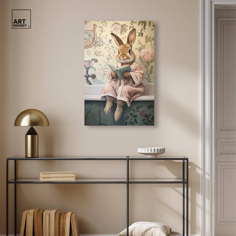 Bunny Bibliophile Bathing Canvas by Art Remedy, Gallery Wrapped