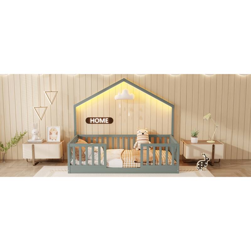 Roomfitters Twin/Full Floor Platform Bed, House Frame and LED Light with Wooden High Rails for Bedrooms or Guest Rooms