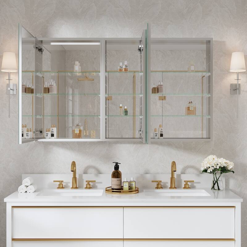 52"W X 30'H Bathroom Recessed or Surface Wall Mount Medicine Cabinet With Adjustable Glass Shelves