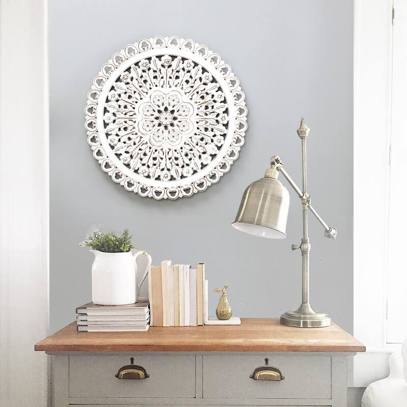 Distressed White Wood Flower Round Wall Art Decor On Sale Bed Bath