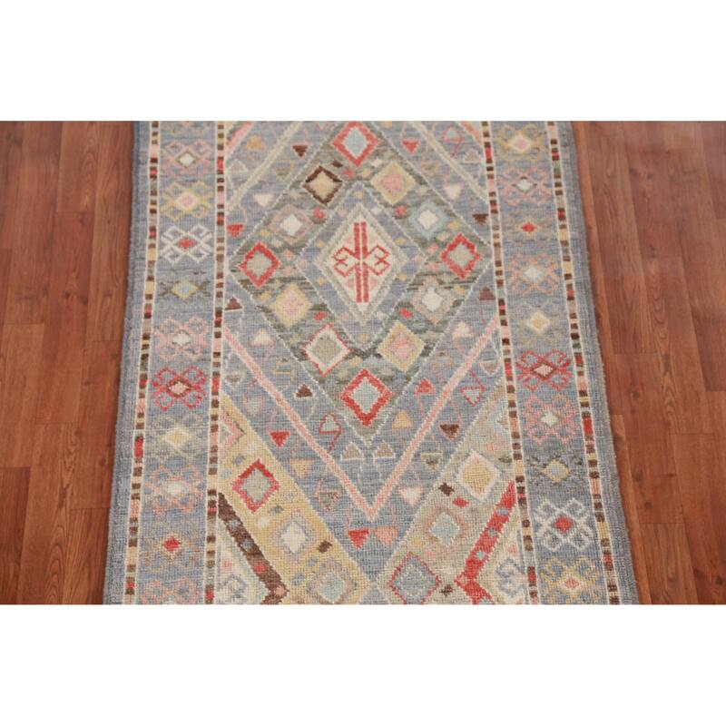Hand Knotted Oriental 100% Wool Carpet Transitional Geometric Navy Blue & Blues Oushak Runner Rug - 12' 0'' X 3' 2''