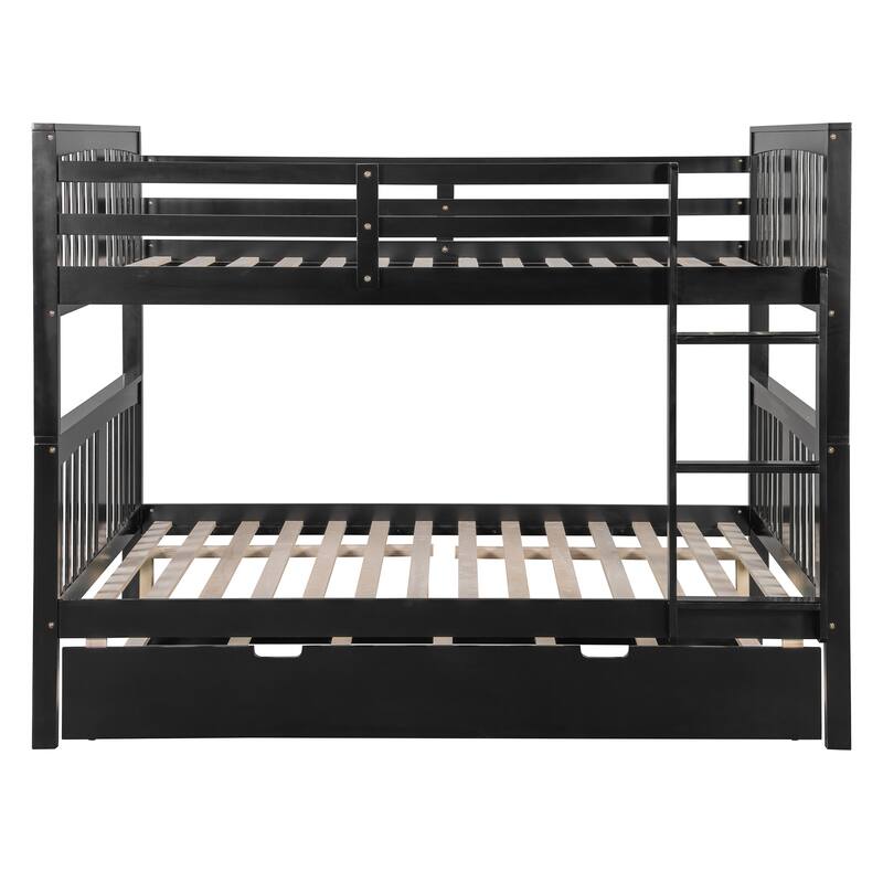 Full Size Wood Bunk Bed with Twin Size Trundle and Ladder, Divided Into 2 Individual Beds, Full Over Full Bunk Bed Frame