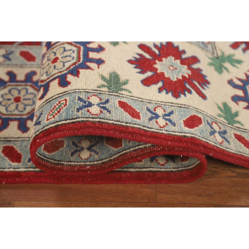 Red Geometric Kazak Area Rug Hand-Knotted Wool Carpet - 6'9" x 9'8"