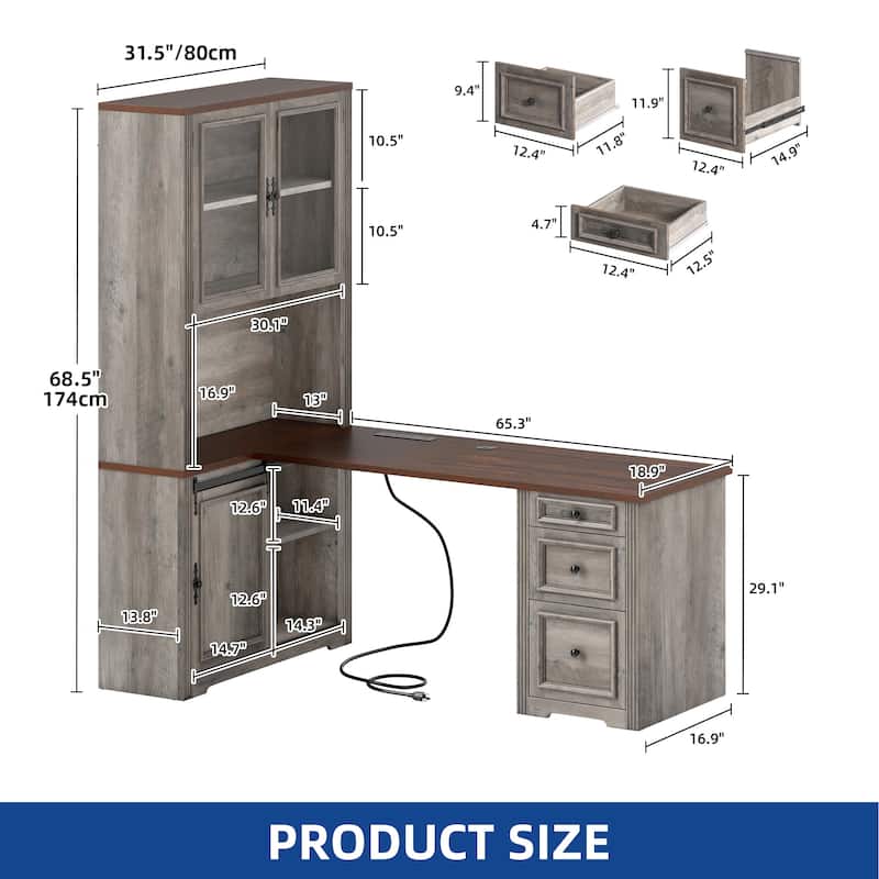 Moasis L-Shaped 3 Drawers Office Desk Corner Computer Desk with Shelves and Cabinet
