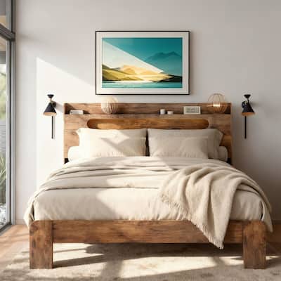 Industrial Farmhouse Style Wooden Platform Bed with LED Light and Charging Station - No Box Spring Needed