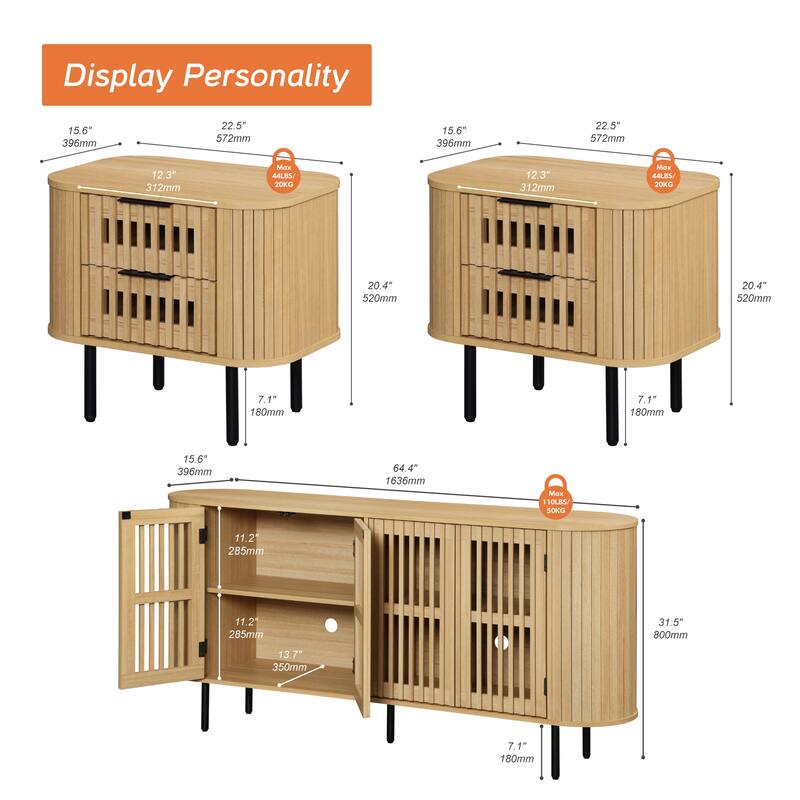 WAMPAT 3 Piece Fluted Buffet Cabinet and Nightstand