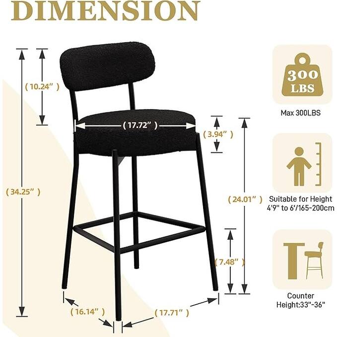 XINMICS 24 Inches Modern Counter Height Bar Stools with Curved Back Metal Legs, Upholstered Boucle Barstools, Set of 2/3/4