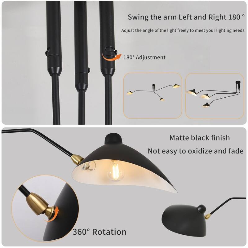 Mid Century Modern Chandelier Black 3 Arm Ceiling Light Living Room