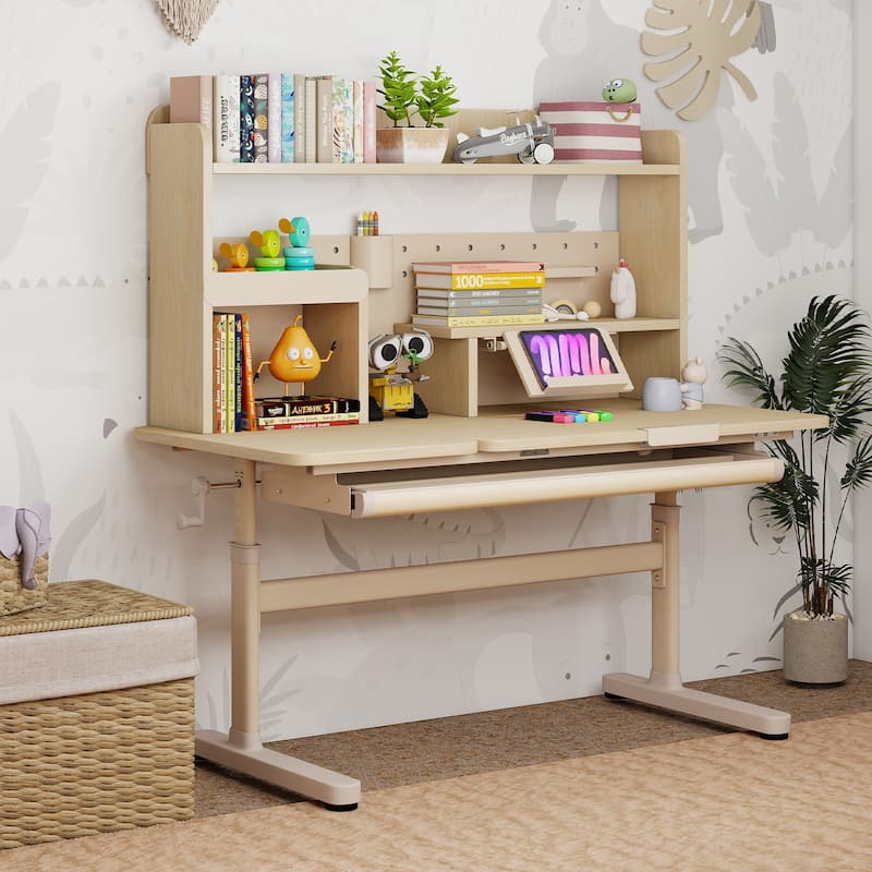 Gymax Kids Study Desk w/Tilt Desktop Retractable Book Stand & Pegboard