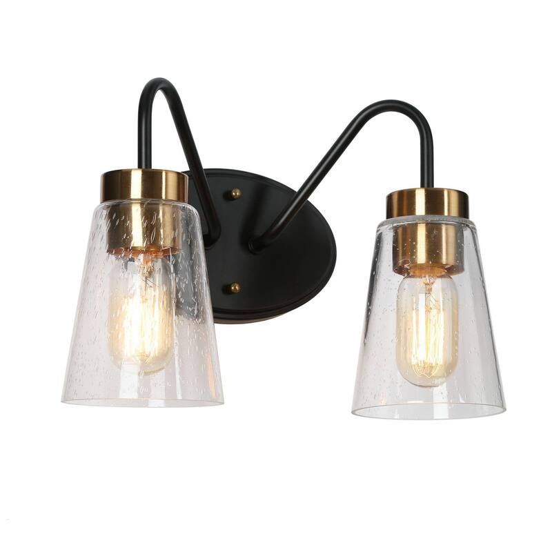 Modern Black Gold Bathroom Vanity Light Wall Sconces with Seeded Glass - 2-Light
