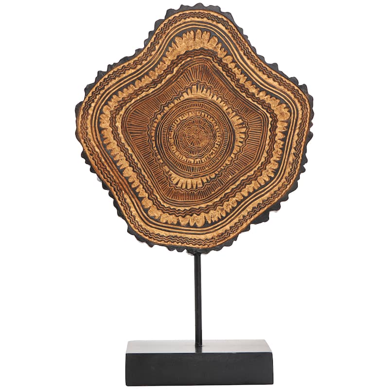 Resin Tribal Abstract Carved Sculpture with Black Stand and Wavy Edge - Brown - Roche River Decor - 3"W x 11"L x 17"H