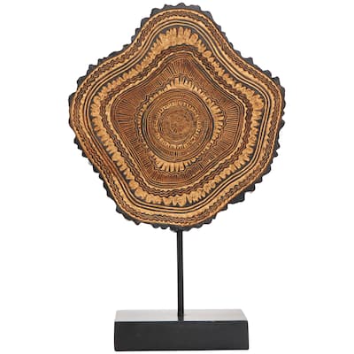 Resin Tribal Abstract Carved Sculpture with Black Stand and Wavy Edge - Brown - Roche River Decor - 3"W x 11"L x 17"H