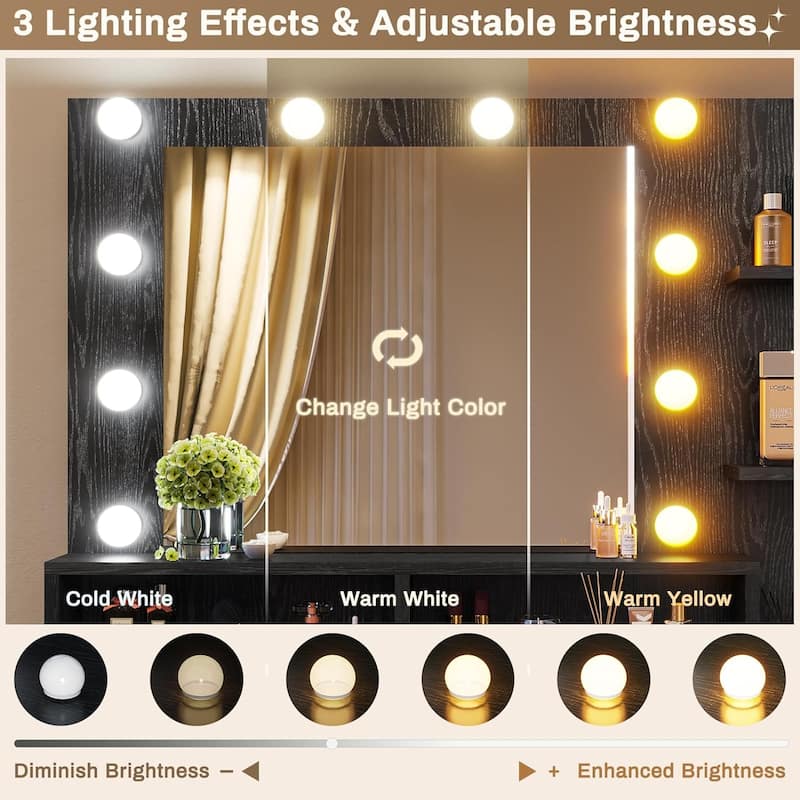 Makeup Vanity Desk 10 Light Bulbs Storage Shelves 5 Drawers