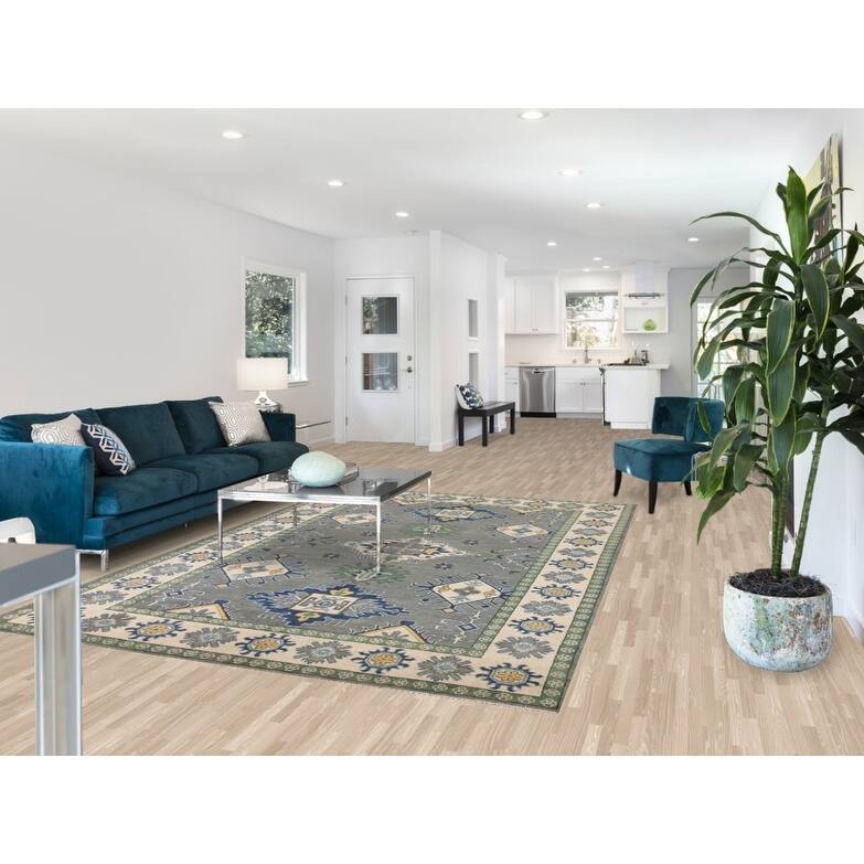 Hand Knotted Oriental 100% Wool Carpet Traditional Geometric Greys & Charcoal Kazak Area Rug - 9' 10'' X 6' 8''