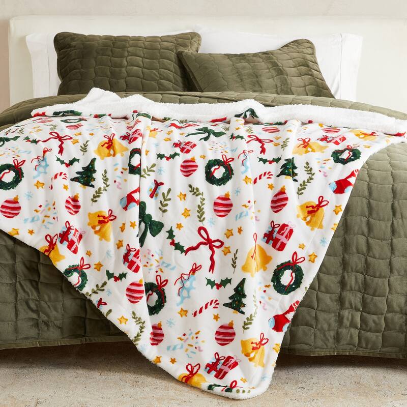 Linery & Co. Velvet Plush Fleece Reversible Sherpa Holiday Printed Throw.