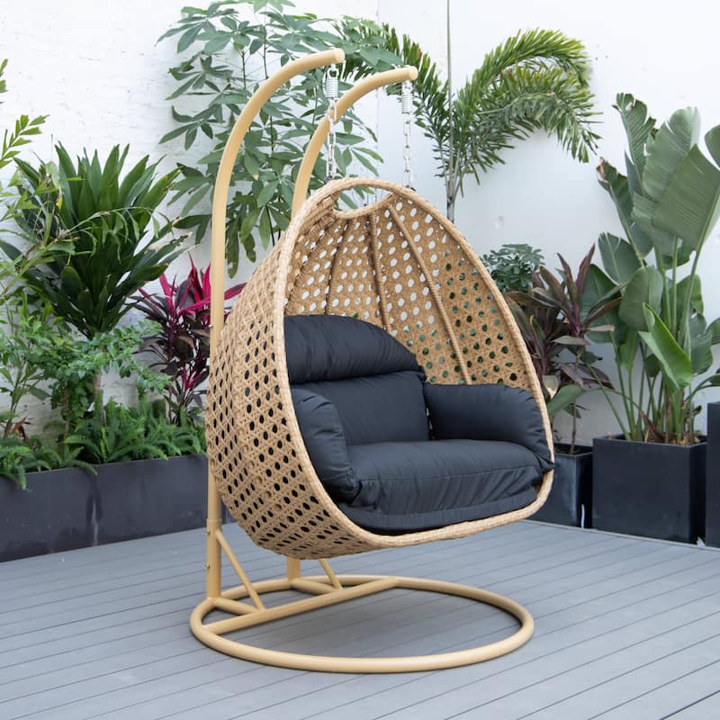 LeisureMod Mendoza 2-Person Hanging Egg Swing Chair - Handcrafted Light Brown Wicker, Patio Hammock Lounger with Cushions - 53"