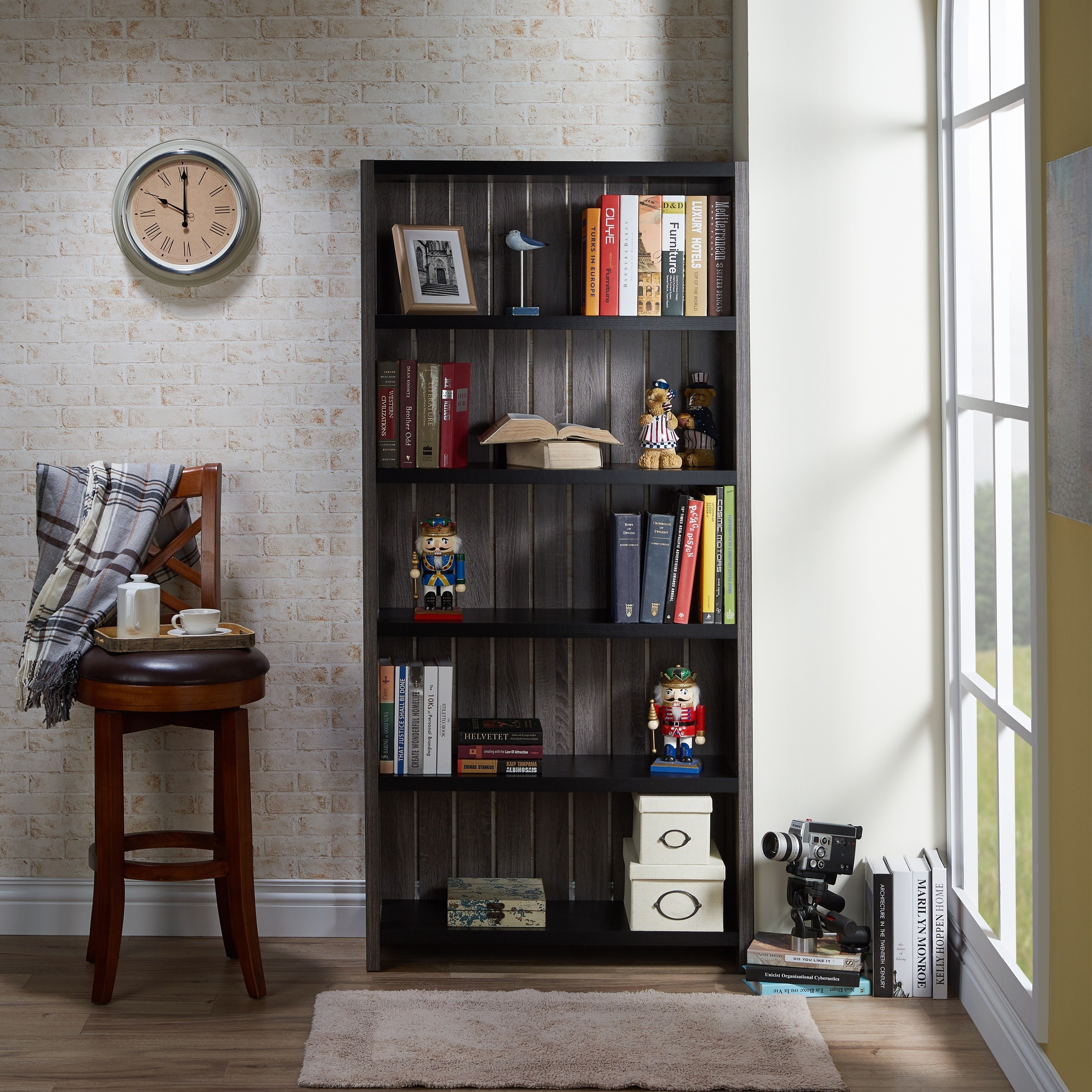 Grey and wood shop bookcase