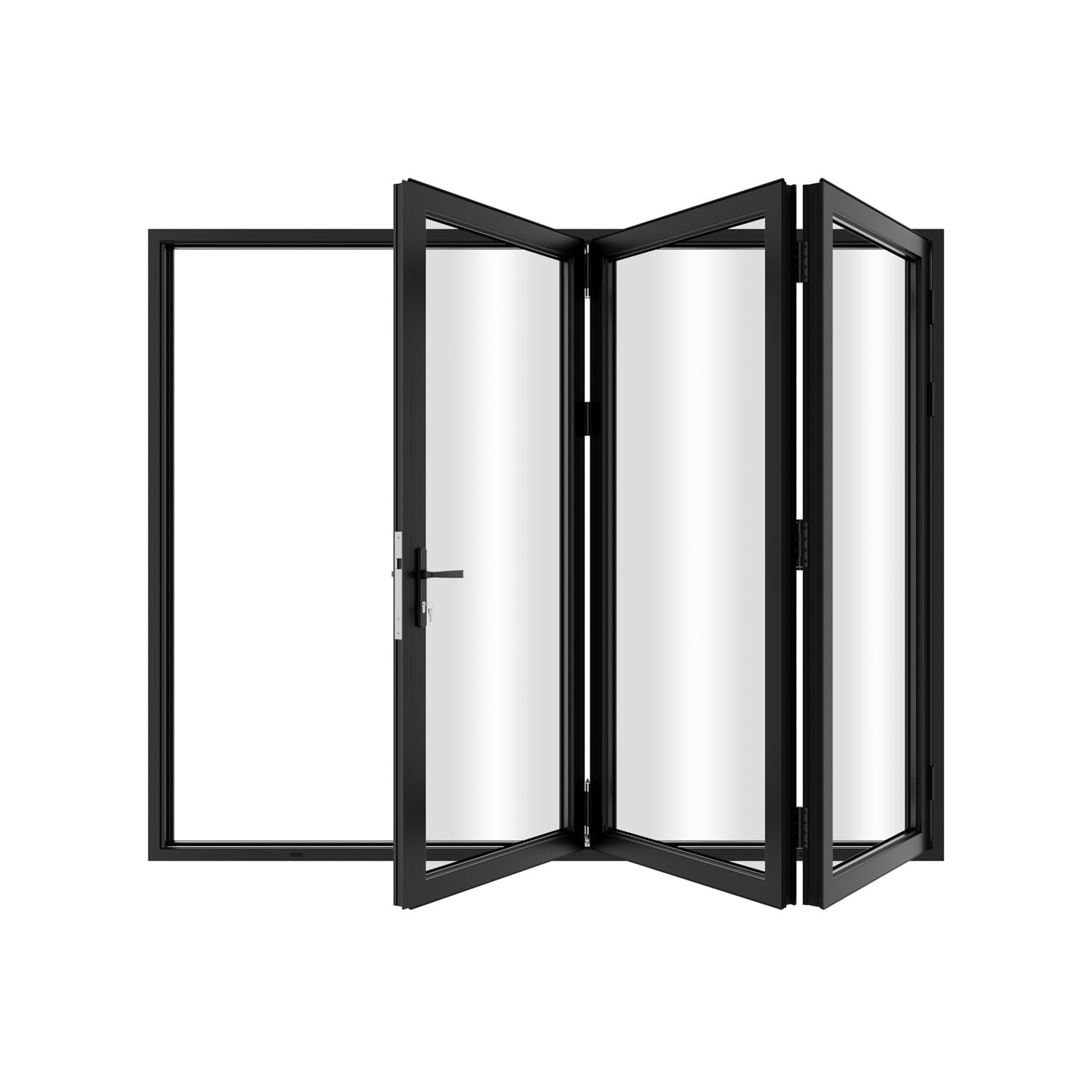 KaMic 108"×96" 3 Panels Aluminum Folding Door In Black,Folded Out From Left To Right Model #:FD3PBK10896-LR