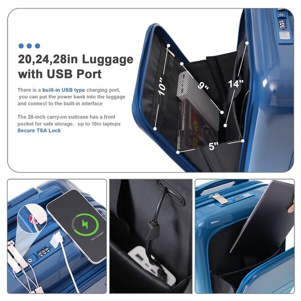 Durable 4 Piece Luggage Set with TSA Lock, USB Port, Front Opening