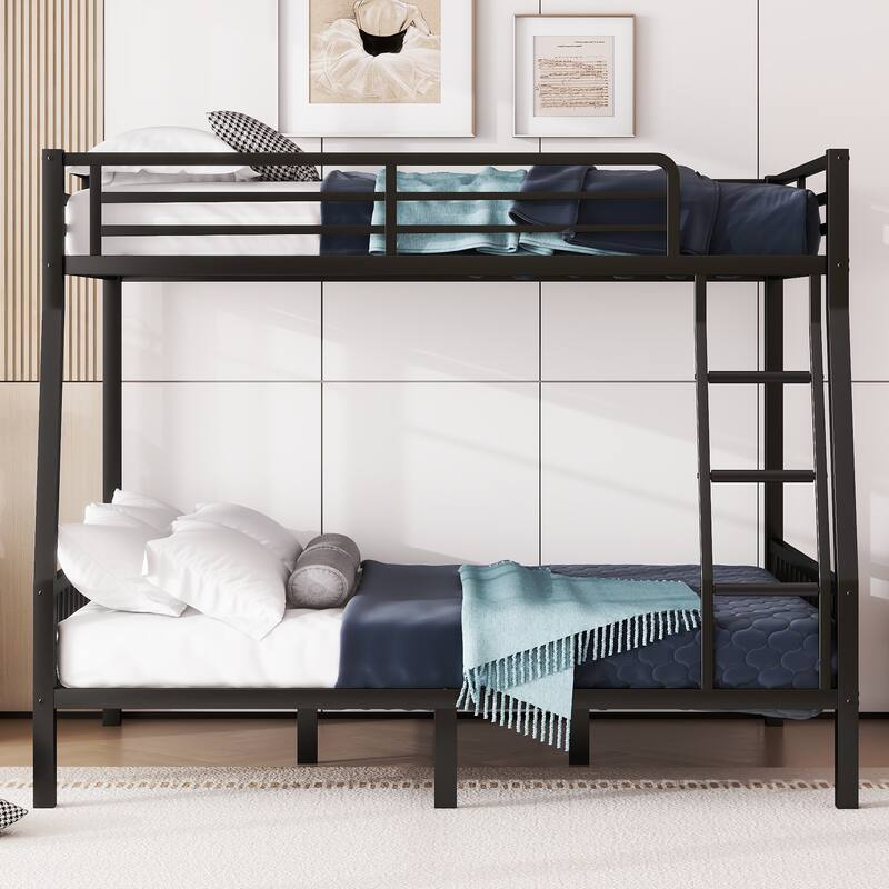 Twin XL Over Queen Metal Bunk Bed with Safety Guardrails, Ladder with Soft PVC Steps, and Heavy-Duty Slat Support