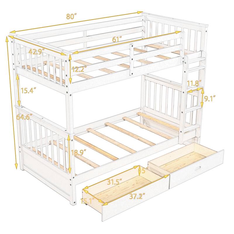 Twin-Over-Twin Bunk Bed with Ladders and Two Storage Drawers (Gray)