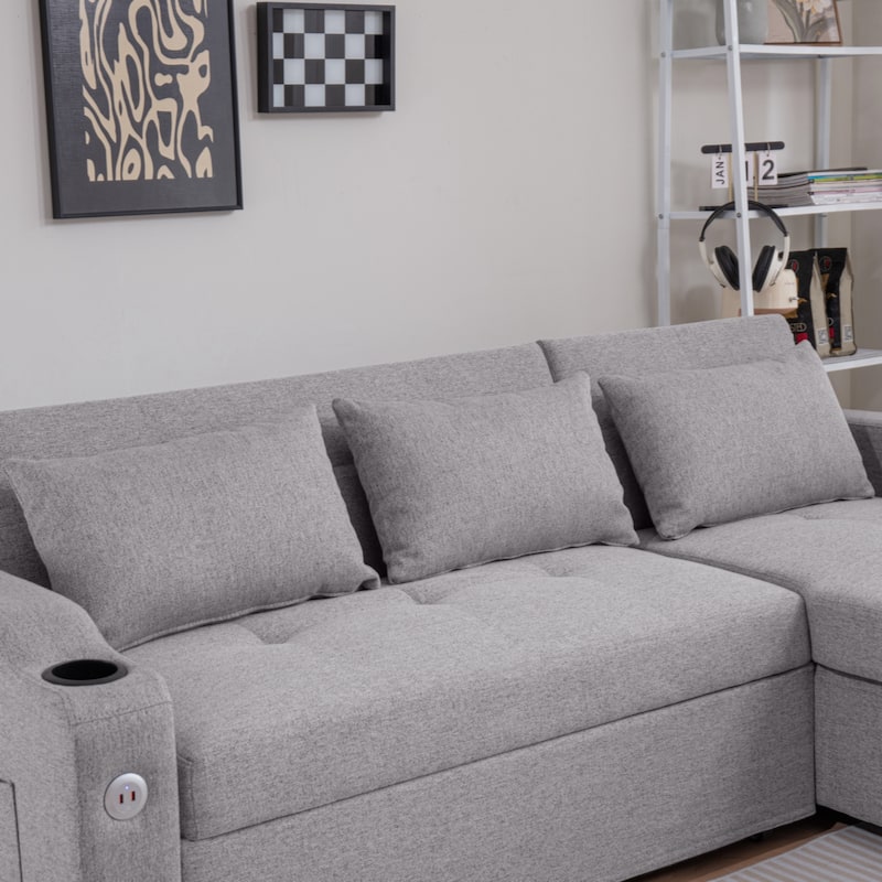 84"Adjustable Backrest Sofa Bed,3 in 1 Linen Sleeper with USB Ports & Cup Holders, Pull Out Couch Bed with Storage Chaise