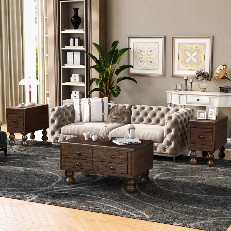 Solid Wood End Table, Rectangle 23.6 inch Narrow Side Table with Drawer, Vintage Bedside