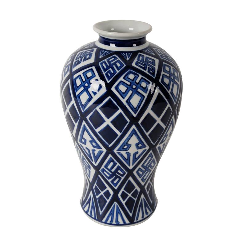 D7.8x12.8 Blue and White Porcelain Vase with Geometric Diamond Pattern Tribal Design