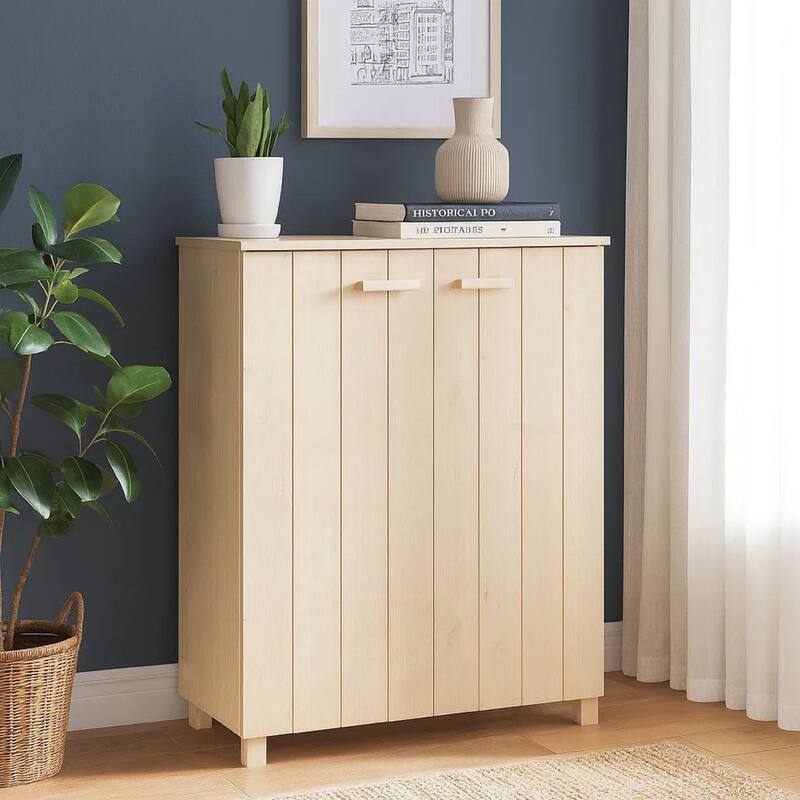 Shoe Cabinet, 2 Slatted Doors, Honey Brown Solid Pine Wood, 33x16x42In
