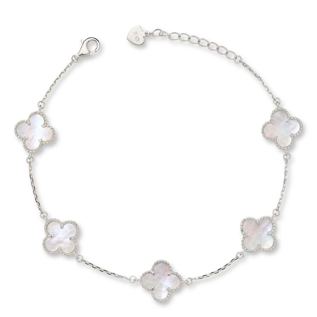Curata 925 Sterling Silver 7+1" Rhodium or Gold Plated 12mm Inlaid Gemstone Clover Bracelet