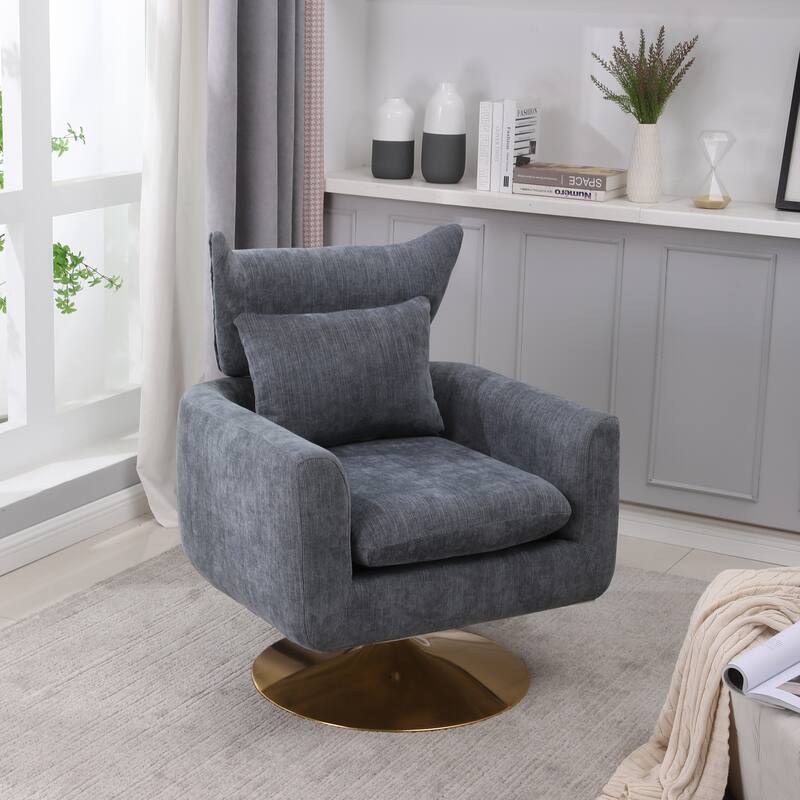 Swivel Accent Chair with Pillow Wide Upholstered & Gold Base, Modern Barrel Chair, 360-degree Swivel Sofa Chair for Living Room - Blue-gray