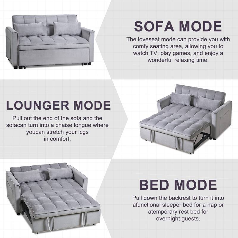 55" Velvet 2-Seater Sleeper Sofa with Curved Back & Cotton Filling