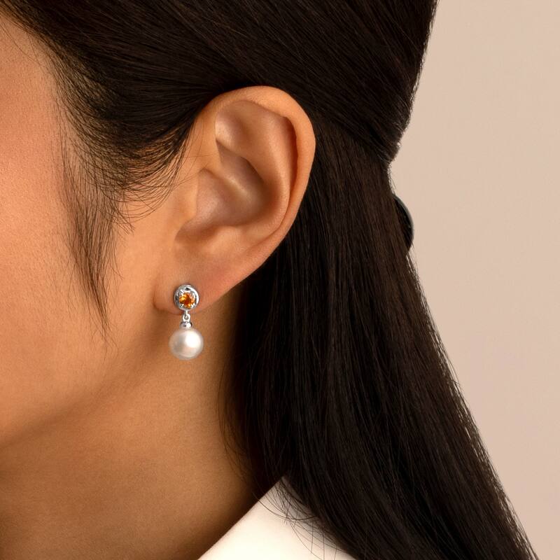Freshwater Pearl and Citrine Birthstone Sterling Silver Drop Earrings