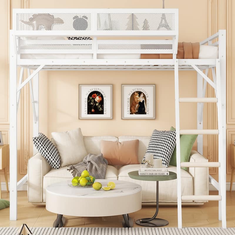 Metal Loft Bed Frame with Storage Shelves for Upper, Loft Bed with Ladder, High Loft Bed for Kids Teens