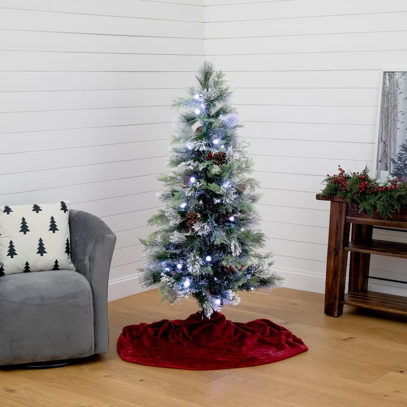 5ft. Flocked Pre-Lit Fiber Optic Artificial Pinecone and Berries Christmas Tree with 48 White LED Lights - Sparkling X-Mas Tree
