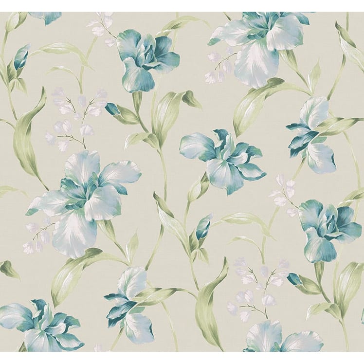 Seabrook Designs Harland Floral Unpasted Wallpaper - 27 in. W x 27 ft. L - Metallic Ecru & Celeste