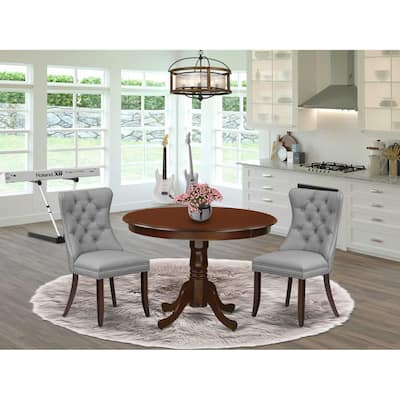 3-Piece Mahogany Finish Solid Wood Top-Round Upholstered Dining Room Set-Seats 4