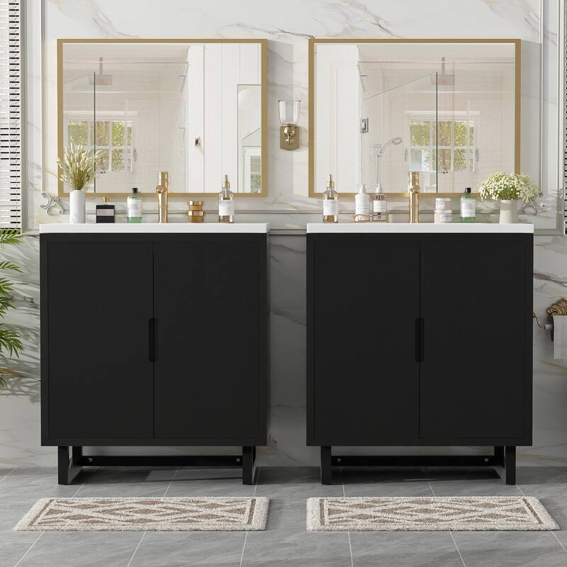 GDFStudio - Transitional Double Bathroom Vanity Set with Resin Sink, Soft Close Doors & Solid Wood Legs, Set of 2 - Black - 60.2"
