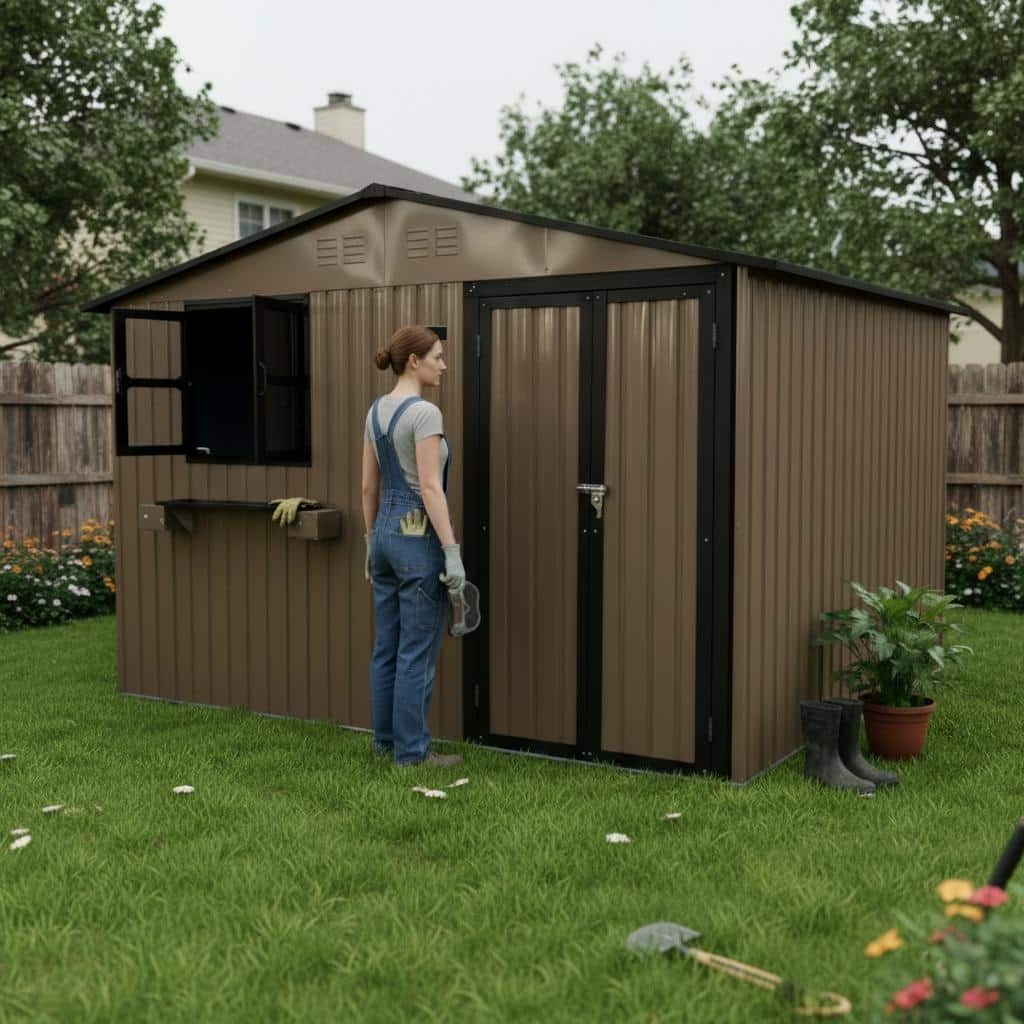10x8 FT Outdoor Metal Storage Shed with Window & Flower Rack,Lockable Double Doors Tool Shed,Waterproof Weatherproof Garden Shed