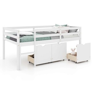 Costway Twin Size Low Loft Bed with 3 Drawers Ladder & Full-length