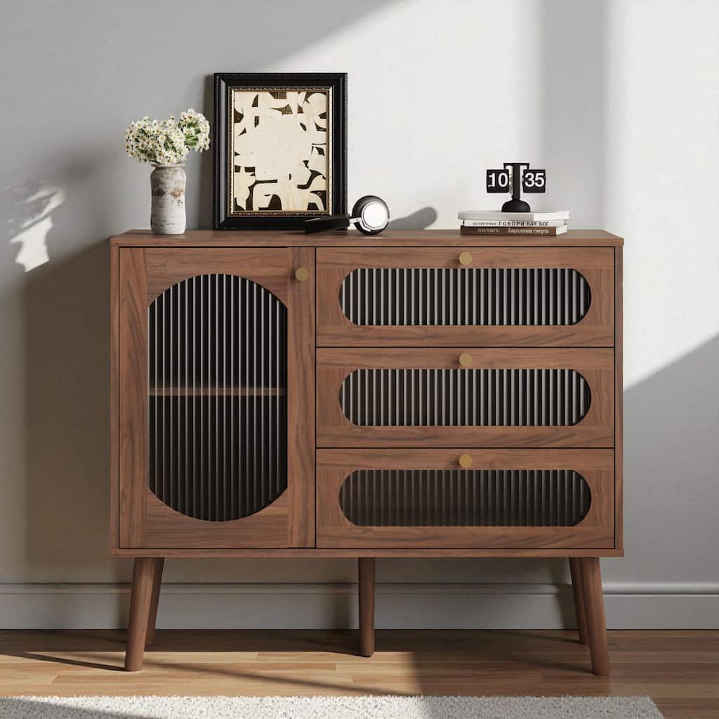 Natural Wood Accent Cabinet with 3 Drawers and Door, Storage Sideboard with Shelves for Living Room or Entryway