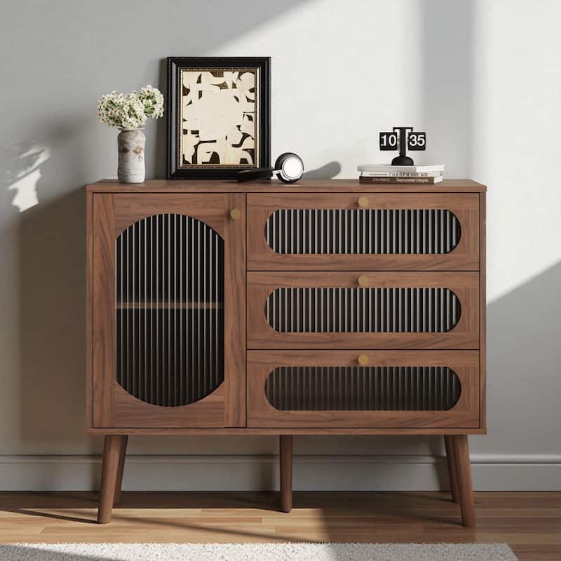 Natural Wood Accent Cabinet with 3 Drawers and Door, Storage Sideboard with Shelves for Living Room or Entryway - Natural