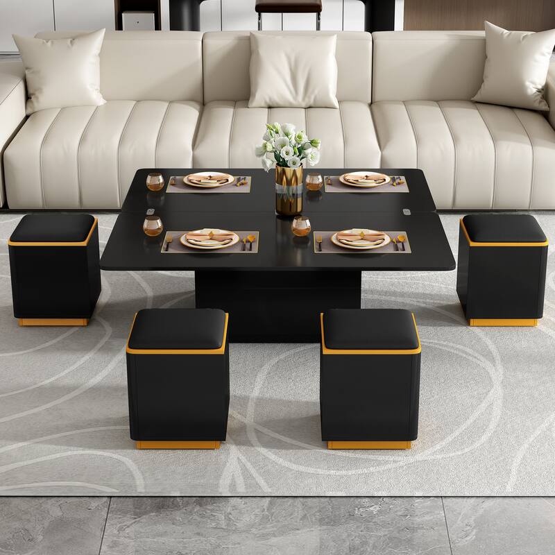 Lift-Top Coffee Table with 4 Storage Stools, Center Table with Foldable Top, Multi-Functional Adjustable Coffee Table