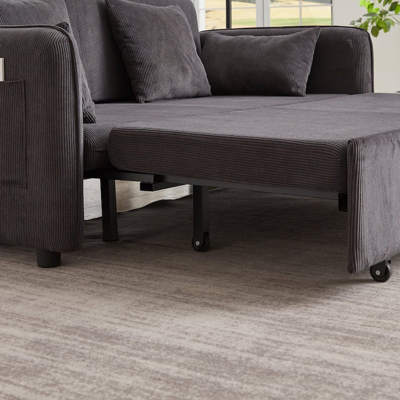 3-in-1 Pull Out Sleeper Sofa Bed, Convertible Corduroy Loveseat Couch with Casters, 4 Pillows and Side Pockets for Living Room