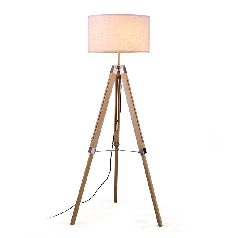 58 in. Modern Tripod Floor Lamp with Rubberwood Base and Linen KD Lampshade, Adjustable Height for Bedroom, Living Room - White